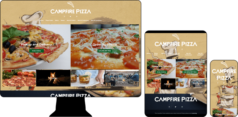 Campfire Pizza site displayed on desktop, iPad, and mobile